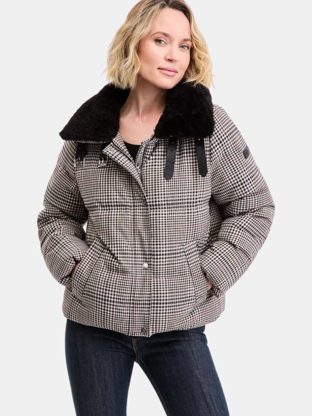NWT DKNY FAUX FUR COLLAR PUFFER JACKET PLAID ZIP SNAP COAT WOMENS SIZE XL